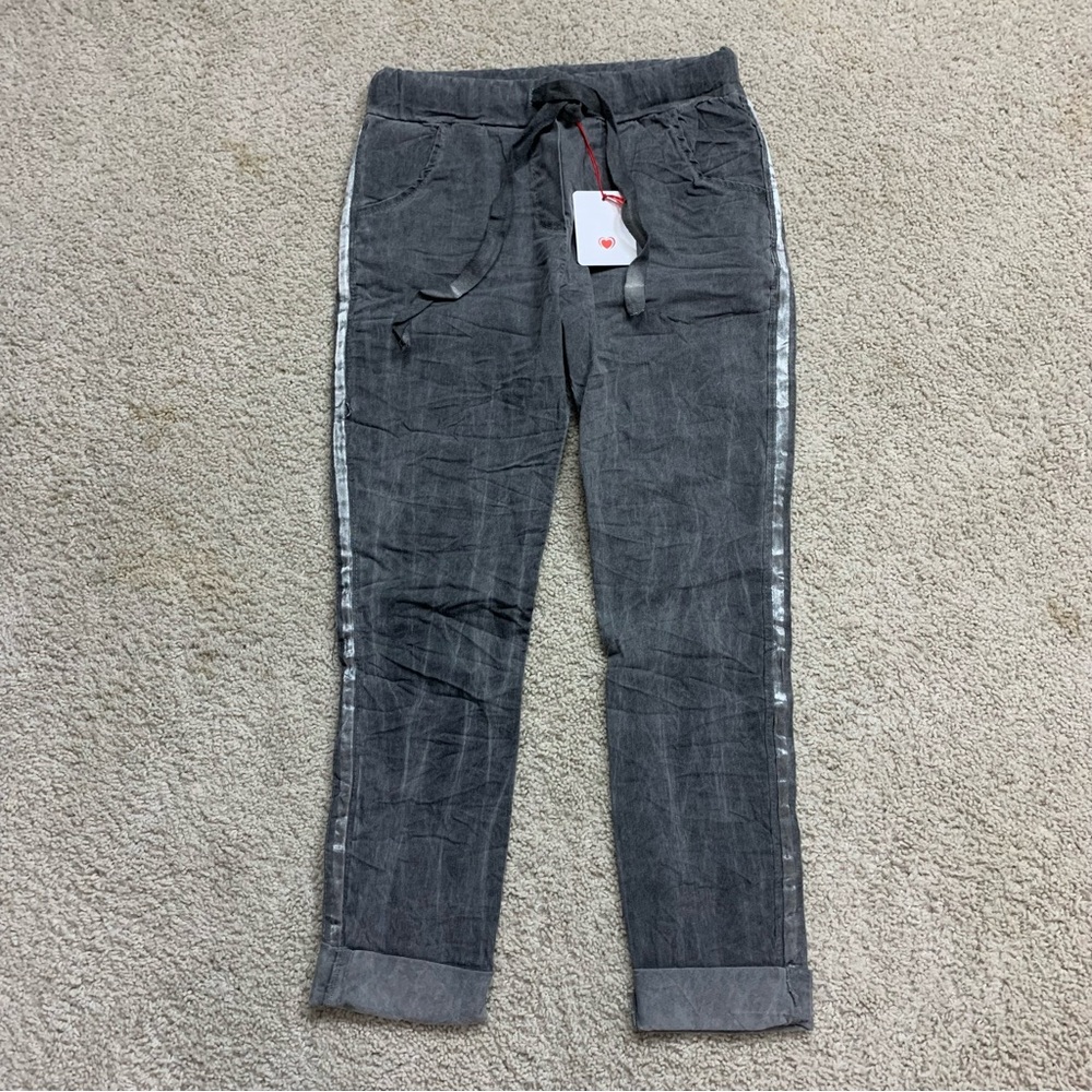 NWT! Women's KNUTH Dark Grey RIBBON SIDE JOGGER Stretch CASUAL Beach PANTS  1